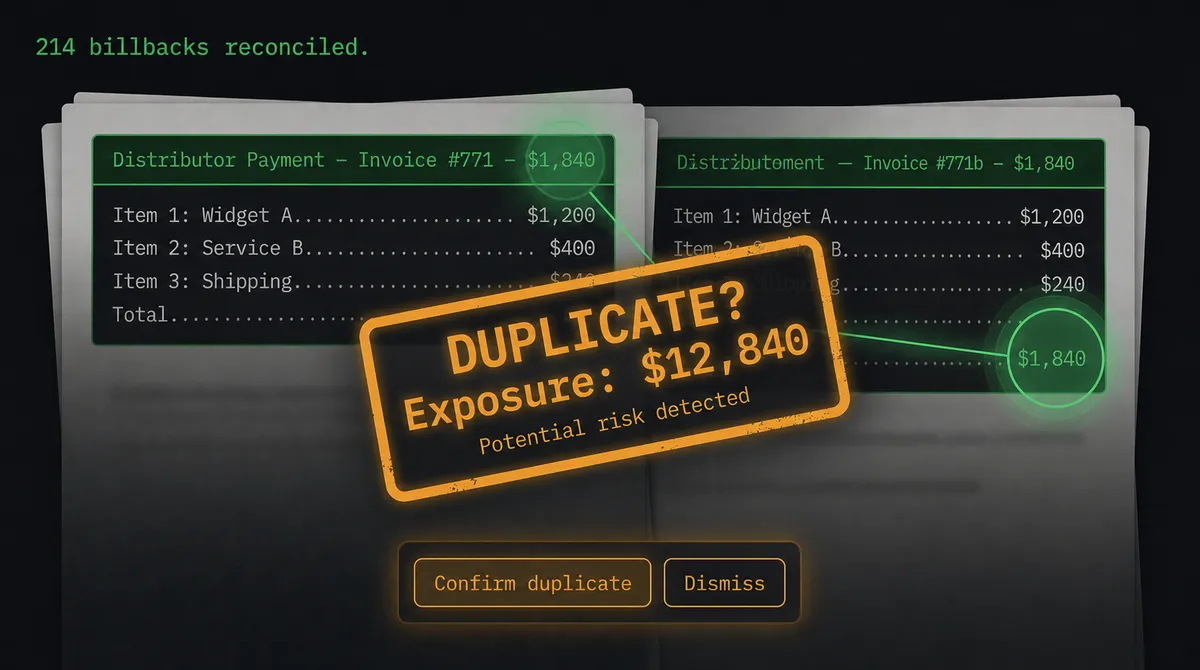 Billback reconciliation - Duplicate detection across distributor and brand payments