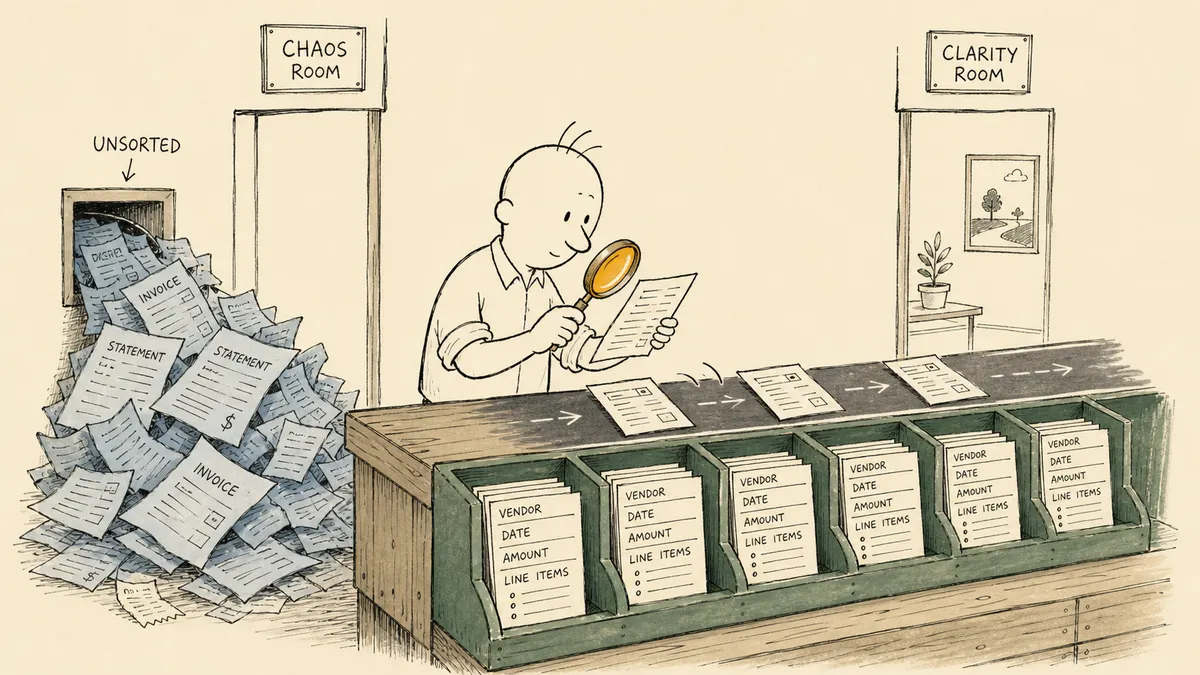 A bald cartoon man at an inspection station between a pile of raw documents and a row of structured field cubbies, examining one document with an amber-tinted magnifying glass while others pass through untouched.