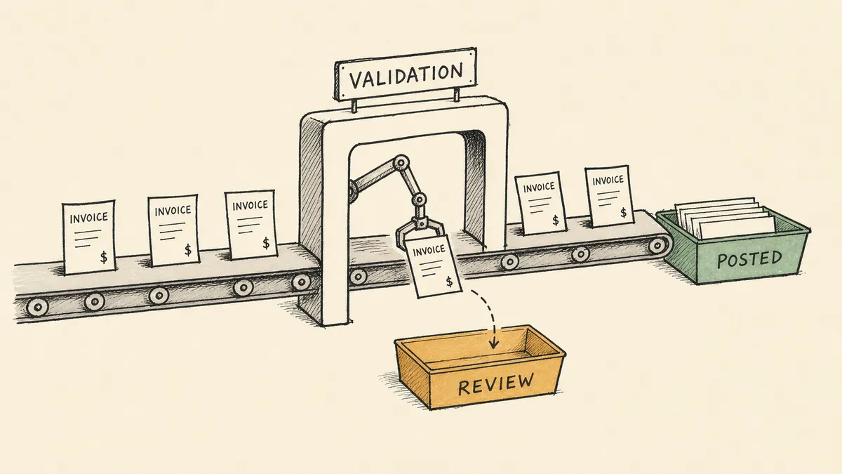 An editorial-cartoon inspection checkpoint: a conveyor belt of invoices passing through a gate labeled validation, most flowing to a green POSTED tray while one is lifted into a separate amber REVIEW tray.