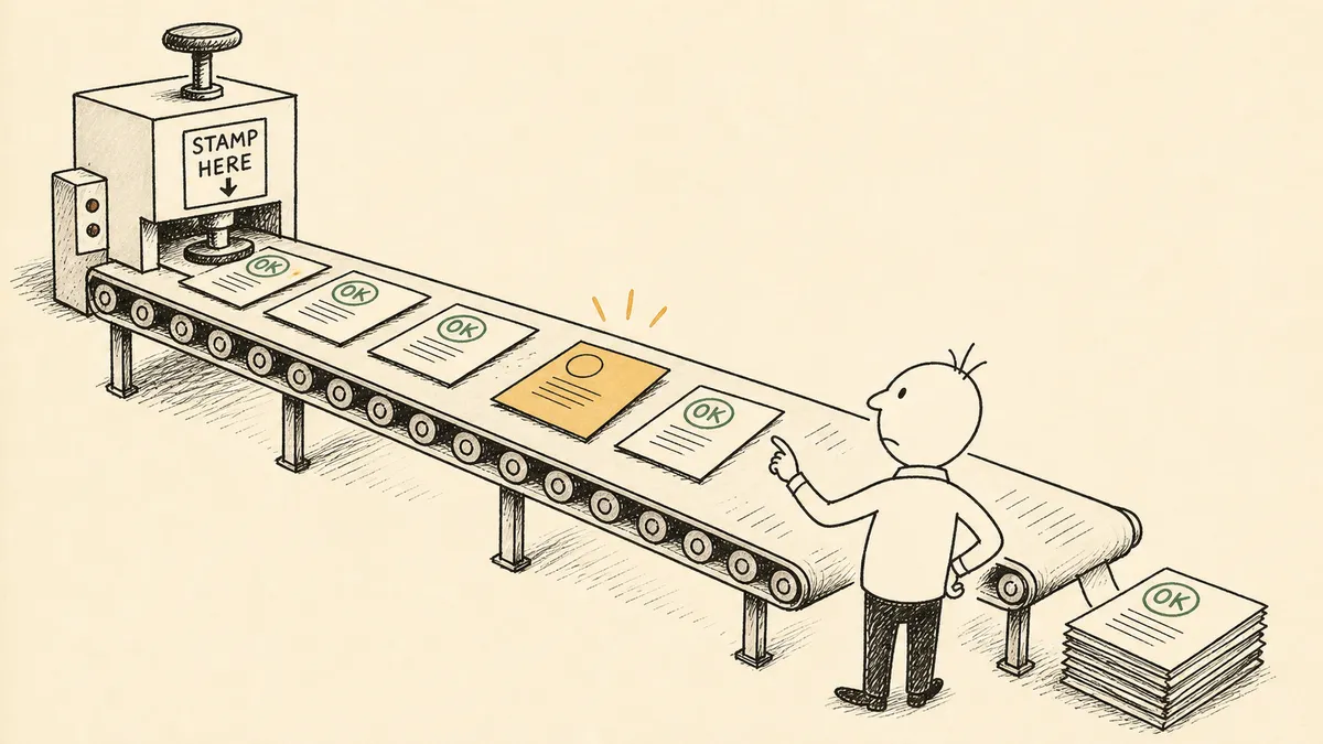 A bald cartoon man with three hairs sticking up at the end of a report-printing conveyor belt, turned away from the finished stack and pointing up the line at one unstamped item highlighted in amber while correctly stamped items glow sage green.