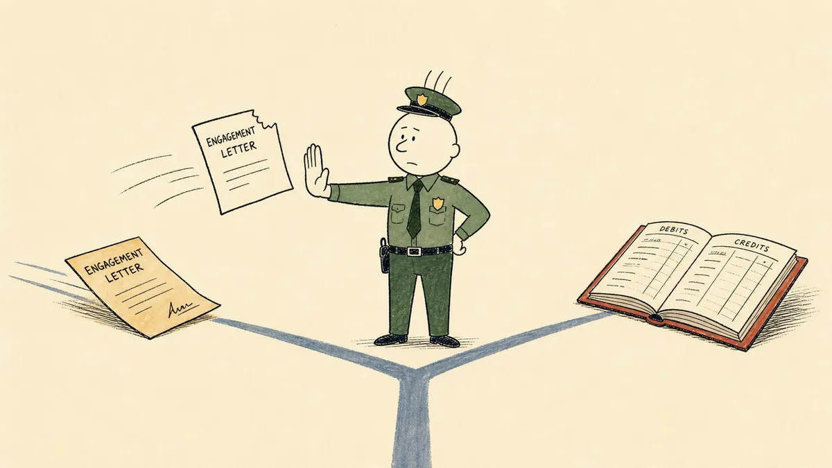 A bald cartoon traffic-cop strawman at a crossroads between a paper engagement letter and an open accounting ledger, waving one signed document through while stopping a second incomplete document mid-air with a raised hand.