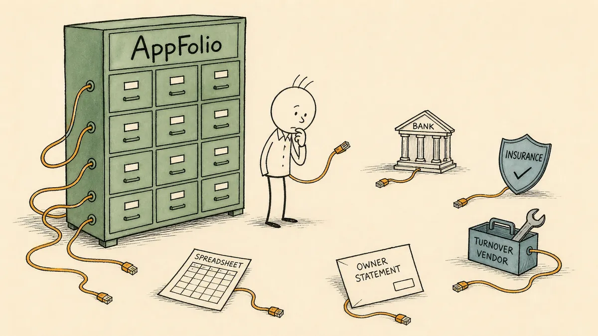 A bald cartoon man beside a tidy sage-green filing cabinet labeled AppFolio, holding one amber cord that runs out to a scatter of unconnected objects (a bank, an insurance shield, a turnover-vendor toolbox, a spreadsheet, an owner statement) on the floor around him.