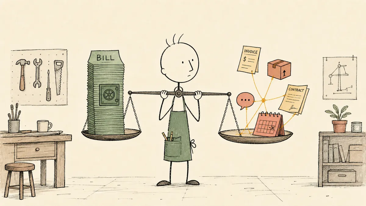 A bald cartoon man holding an old-fashioned balance scale, with a neatly stacked green tower labeled BILL on one pan and a loose constellation of amber objects connected by threads on the other, weighing two different shapes of finance automation.