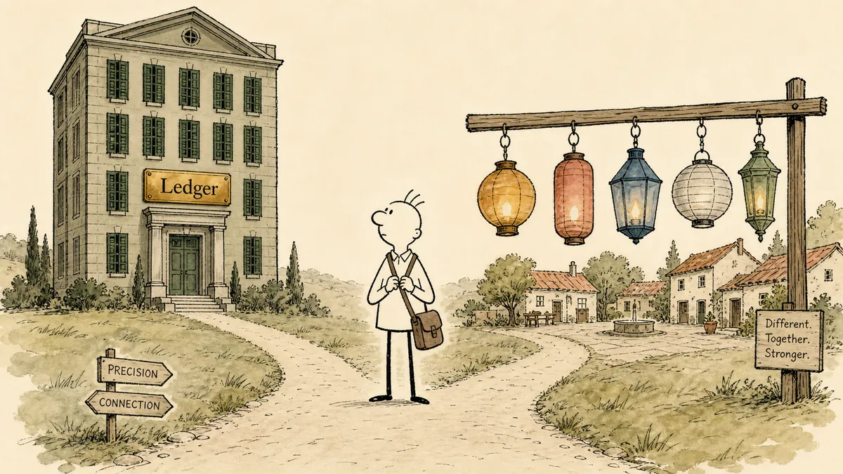 A bald cartoon man at a country path fork choosing between a tall single ledger building on his left and a village crossbeam connecting five differently colored lanterns on his right, considering both shapes of finance work.