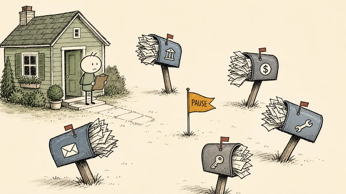 A bald cartoon man at the door of a tidy sage-green house facing five overflowing slate-blue mailboxes labeled bank, dollar, envelope, wrench, and key leaning at him from the street, with a single amber pause flag planted in the gap between the house and the mailboxes.