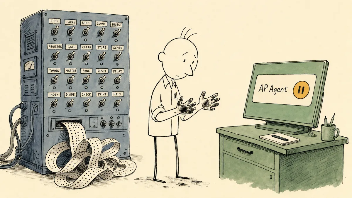 A bald cartoon man with ink-smudged hands standing between a slate-blue industrial control panel of hand-set switches spilling punched tape on his left and a compact sage-green dashboard with a single AP Agent tile and an amber pause button on his right.