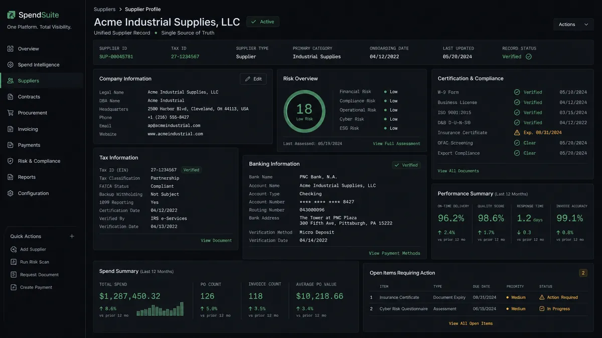 a clean illustrative depiction of a single unified supplier record inside a spend suite, showing tax ID, certification status, banking detail, and a risk score badge all on one screen, conveying the suite-as-one-platform model