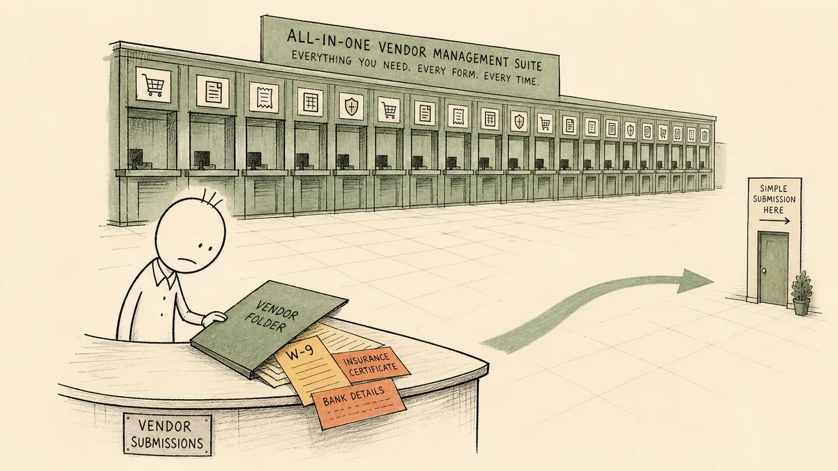 A bald cartoon man at a reception desk holding a single vendor folder of loose onboarding papers in amber, with a vast green multi-window service hall looming behind him representing Coupa's full spend suite, weighing the small immediate task against the large system.