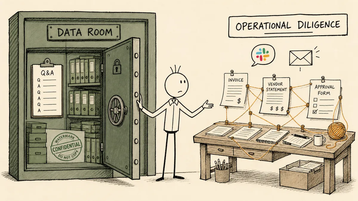 A bald cartoon man on the threshold between a green vault labeled DATA ROOM holding stacked files and Q&A, and an open workshop labeled OPERATIONAL DILIGENCE with invoices, vendor statements, and amber threads connecting them across a workbench.