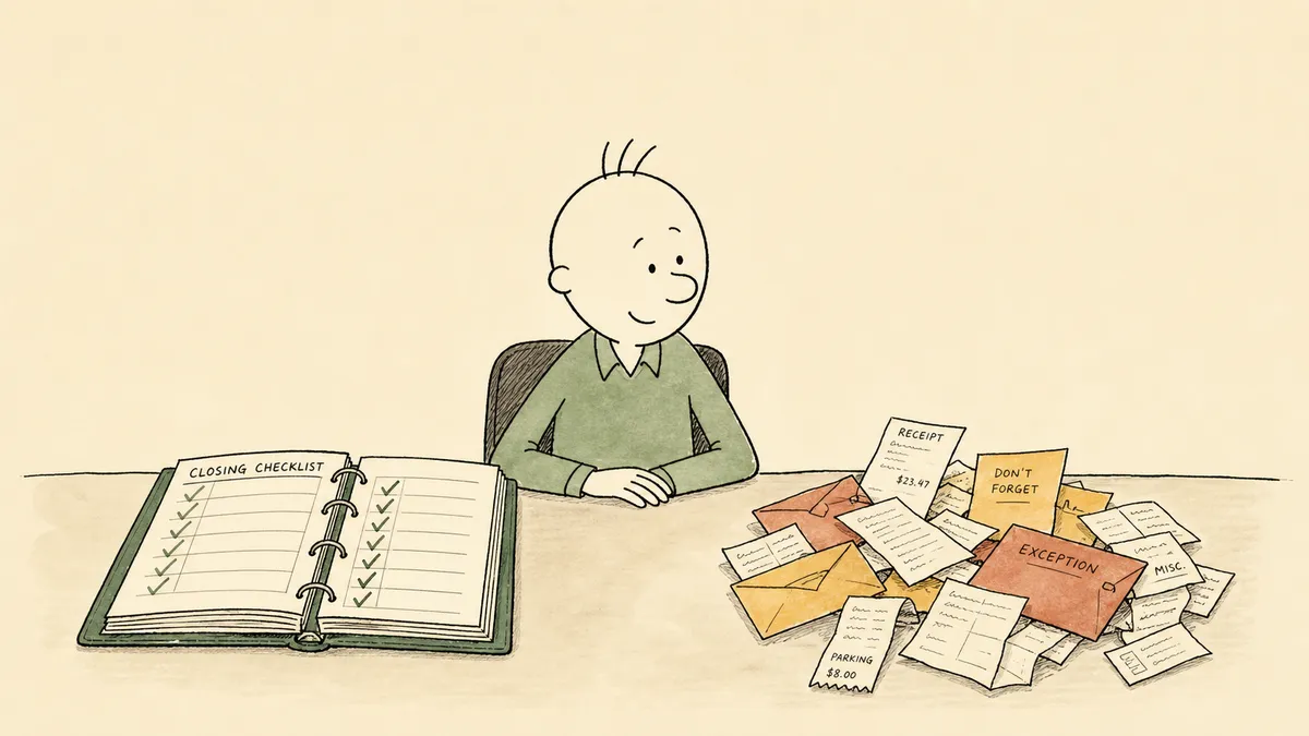 A bald cartoon man at a wide desk with two distinct piles in front of him, a neat green calendar of checkmarks on his left and a scattered pile of faded amber and terracotta receipts and envelopes on his right, considering both as separate kinds of finance work.