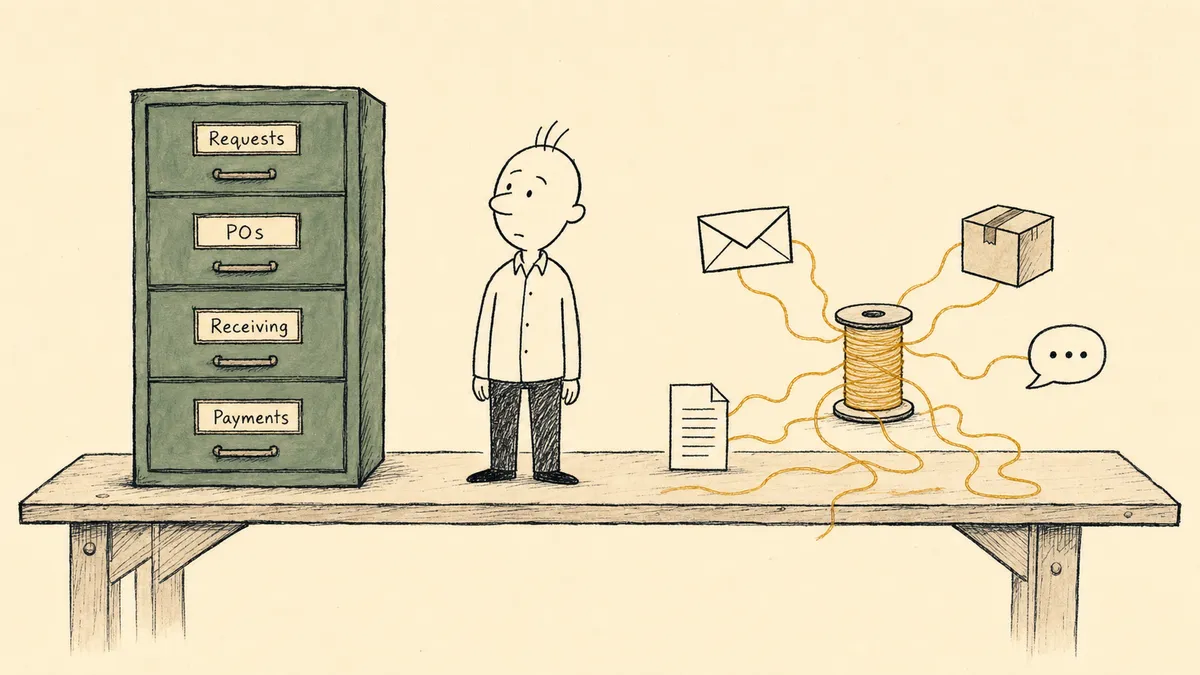 A bald cartoon man at a workshop table standing between a tall labeled filing cabinet on his left and a tabletop of threads connecting scattered objects on his right, considering both as different shapes of procurement work.