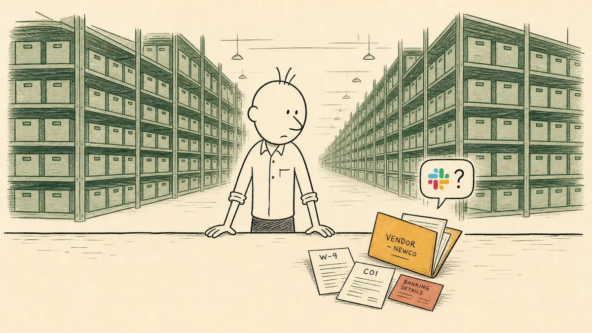 A bald cartoon man at a workshop bench with a tall green warehouse silhouette behind him representing SAP's suite depth and a single open vendor folder with loose papers in faded amber in front of him representing the immediate onboarding work, weighing the two different scopes.