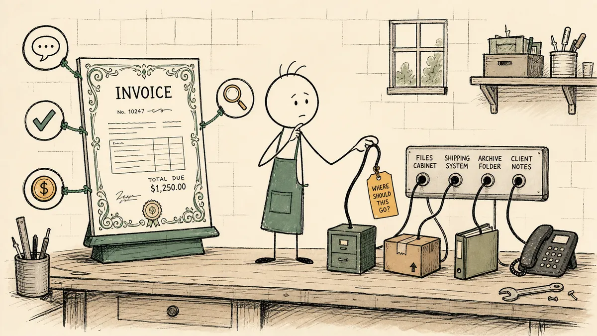 A bald cartoon man comparing two setups on a workbench: a single upright invoice with icons orbiting tightly around it, and a switchboard with cords plugged into several separate small machines, weighing invoice-centered automation against cross-system orchestration.