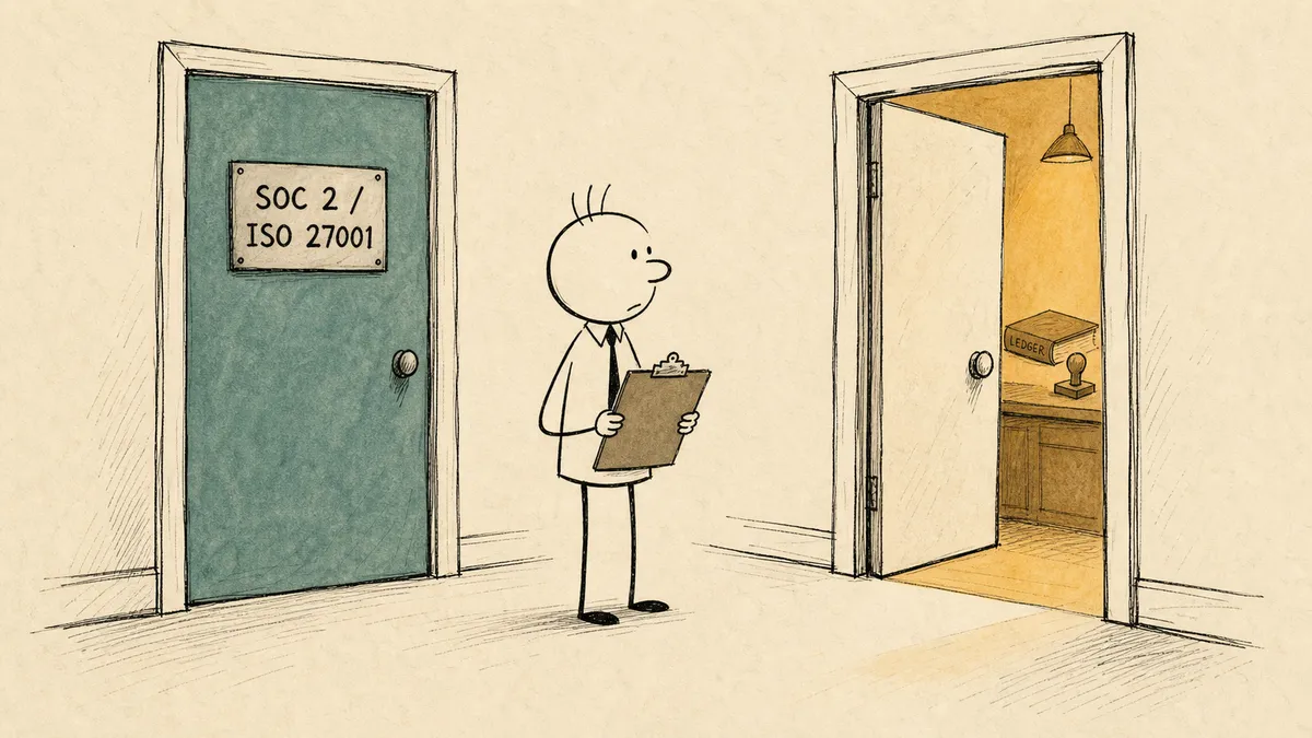 A bald cartoon man with three hairs sticking up standing between two doors in a corridor, one labeled SOC 2 and ISO 27001 in muted teal, the other unlabeled with a warm amber light spilling out, weighing which door to enter.