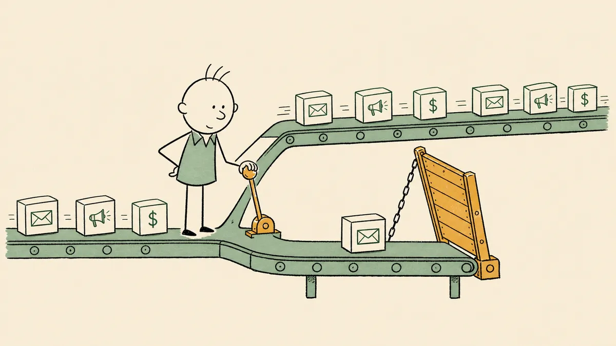 A bald cartoon man at a fork in a marketing conveyor belt: one track runs straight off the panel while he holds a lever controlling a raised gate on the second track, deciding whether to release a waiting parcel.