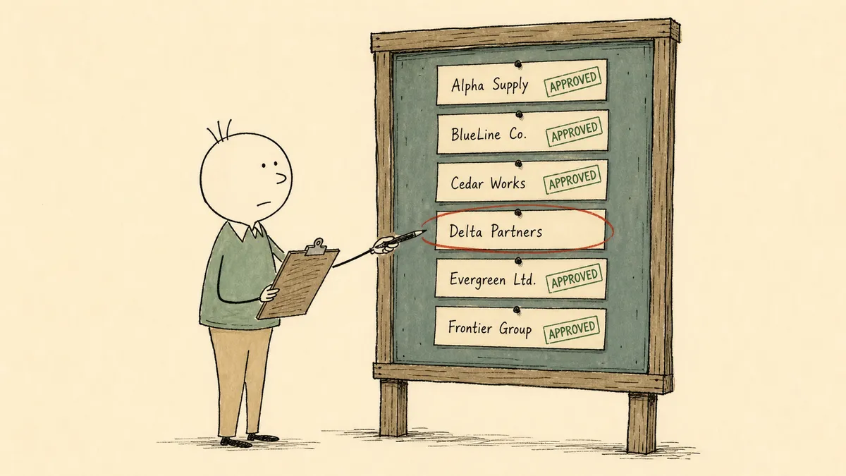 A bald cartoon man with three hairs sticking up checking a noticeboard of vendor name cards with a clipboard, his pen pointed at one unstamped card circled in faded red.