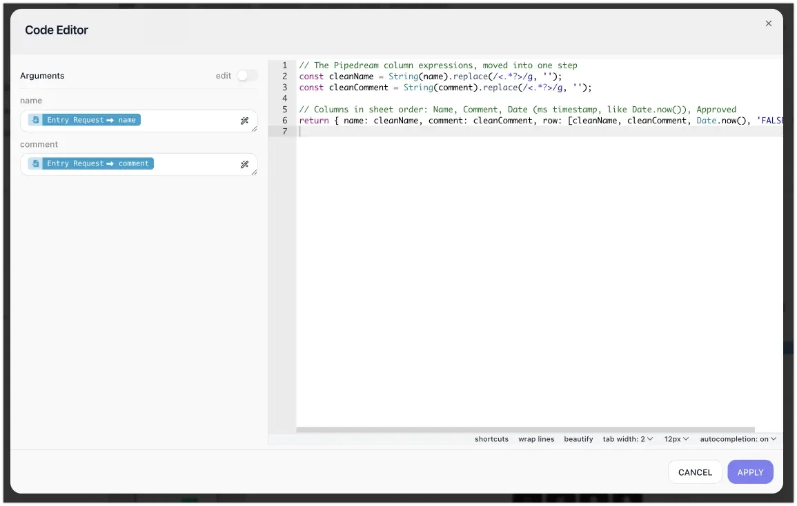 The Prepare row code step in the Code Editor: name and comment arguments bound to the incoming request, and four lines that strip HTML tags from both and return the row in sheet order, Name, Comment, Date.now(), FALSE.