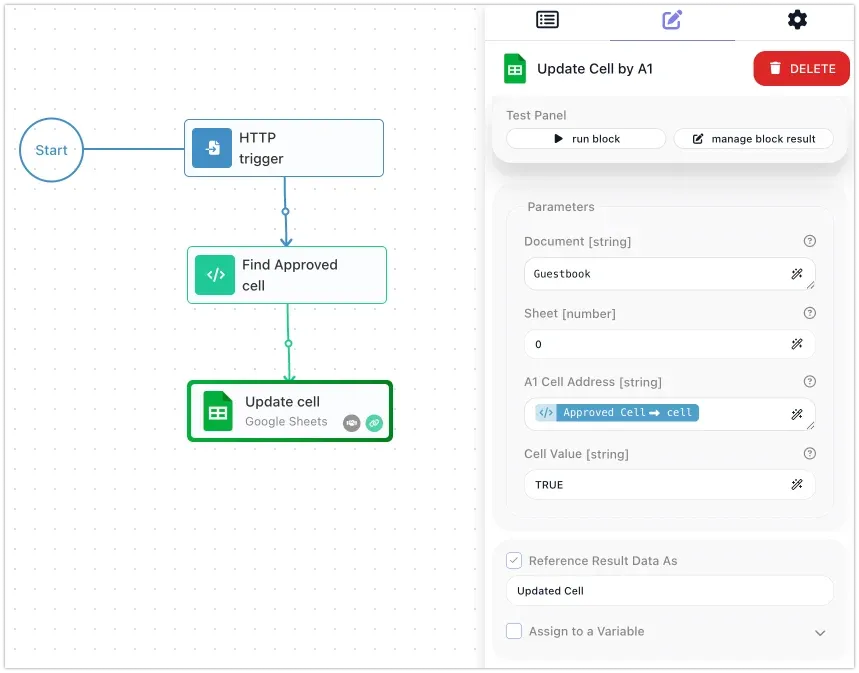 The Update cell block configured as Google Sheets Update Cell by A1: Document Guestbook, Sheet 0, A1 Cell Address bound to the Approved Cell result, and Cell Value TRUE.