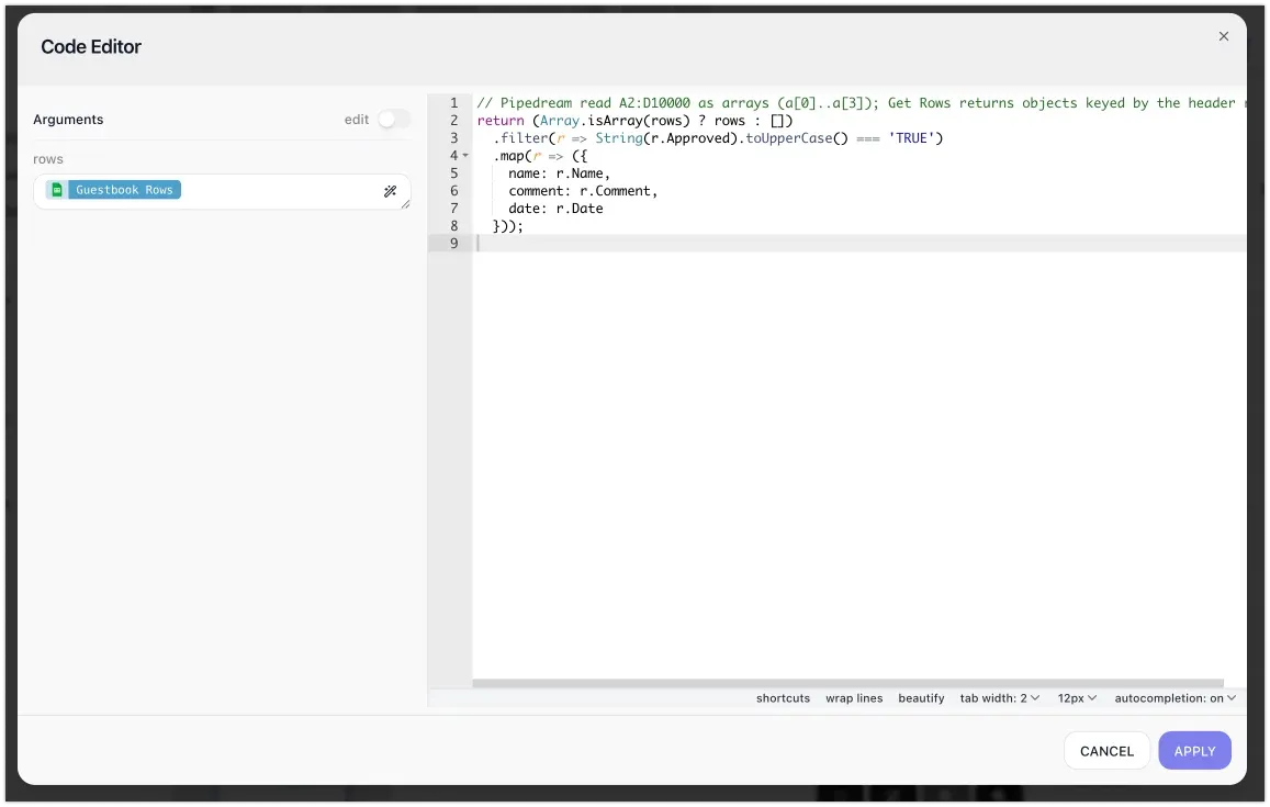 The Filter and map code step: a rows argument bound to the Guestbook Rows result, keeping rows whose Approved value is TRUE and returning name, comment, and date for each.