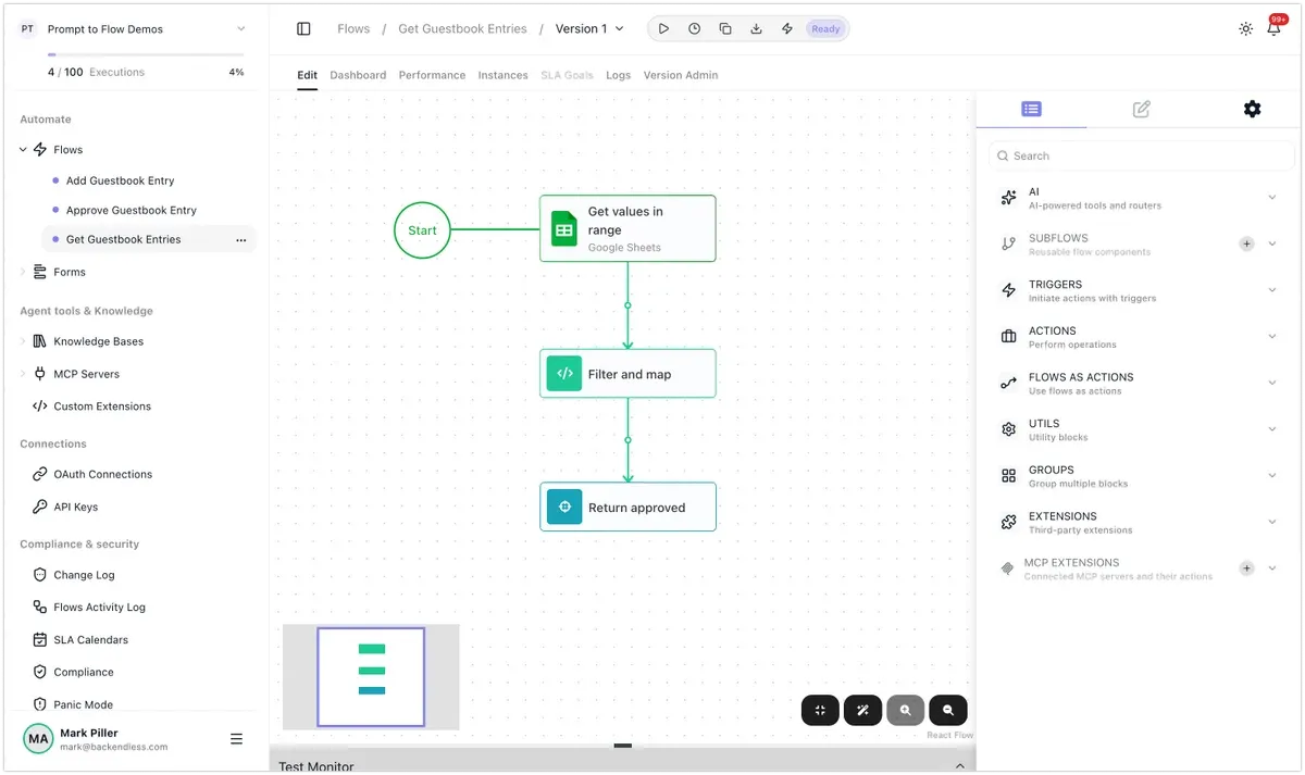 The Get Guestbook Entries flow on the FlowRunner canvas: Start leads straight to Get values in range (Google Sheets), then Filter and map, then Return approved, with no trigger block, because the flow is called directly.