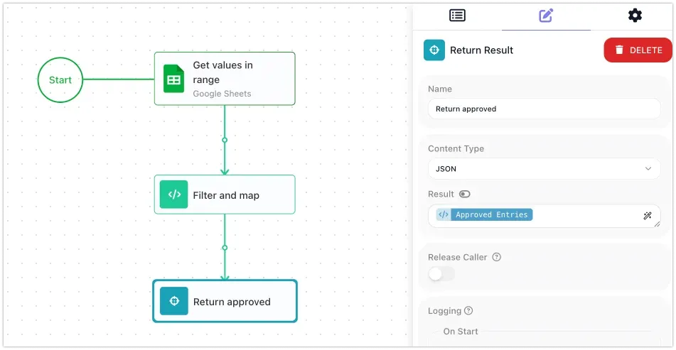 The Return approved block: Return Result with Content Type JSON and Result set to the Approved Entries list from the previous step.