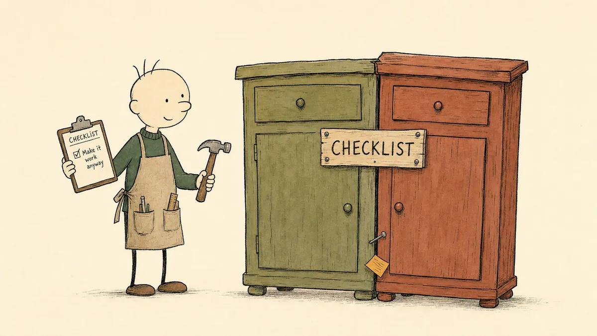 A bald cartoon carpenter in a forest green sweater and apron standing between two mismatched cabinets in olive and rust, nailing a checklist board across the seam to join them, with one amber item slipping through a gap below a crooked nail.