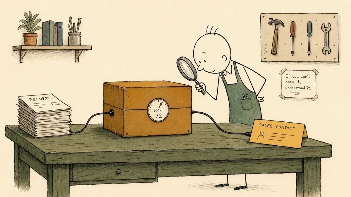 A bald cartoon technician at a workshop bench peers with a magnifying glass at a closed deep-ochre black box with one wire of contact records going in and one wire going out toward a sales record, the model's score visible on a small amber dial but the inside of the box sealed.