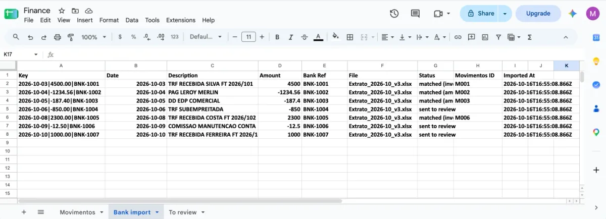 The Bank import tab: one row per transaction with its key (date, amount, and bank reference), the description, the statement file name, a status of matched or sent to review, the Movimentos ID for each match, and the time it was imported.