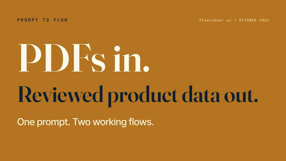 A FlowRunner Prompt to Flow card on an ochre field with the statement PDFs in. Reviewed product data out. and the line One prompt. Two working flows.