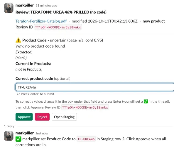 A Slack review card for TERAFON UREA 46% PRILLED from the catalog: Product Code is flagged as uncertain because no product code was found, the reviewer has typed TF-UREA46 into the Correct product code box, and the thread reply confirms that Product Code was set to TF-UREA46 in Staging row 2, with a reminder to click Approve when all corrections are in.