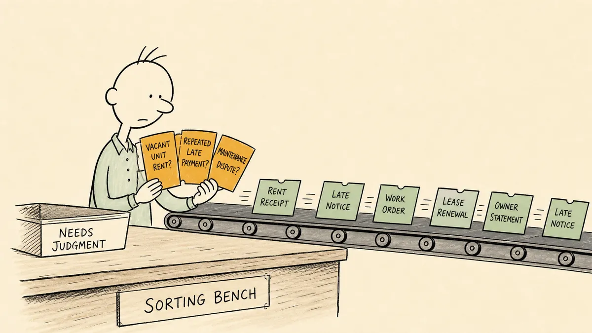 A bald cartoon man at a sorting bench beside a conveyor belt of property-task tickets; most tickets in sage green glide past on their own while he holds three amber tickets pulled off the belt for his judgment.