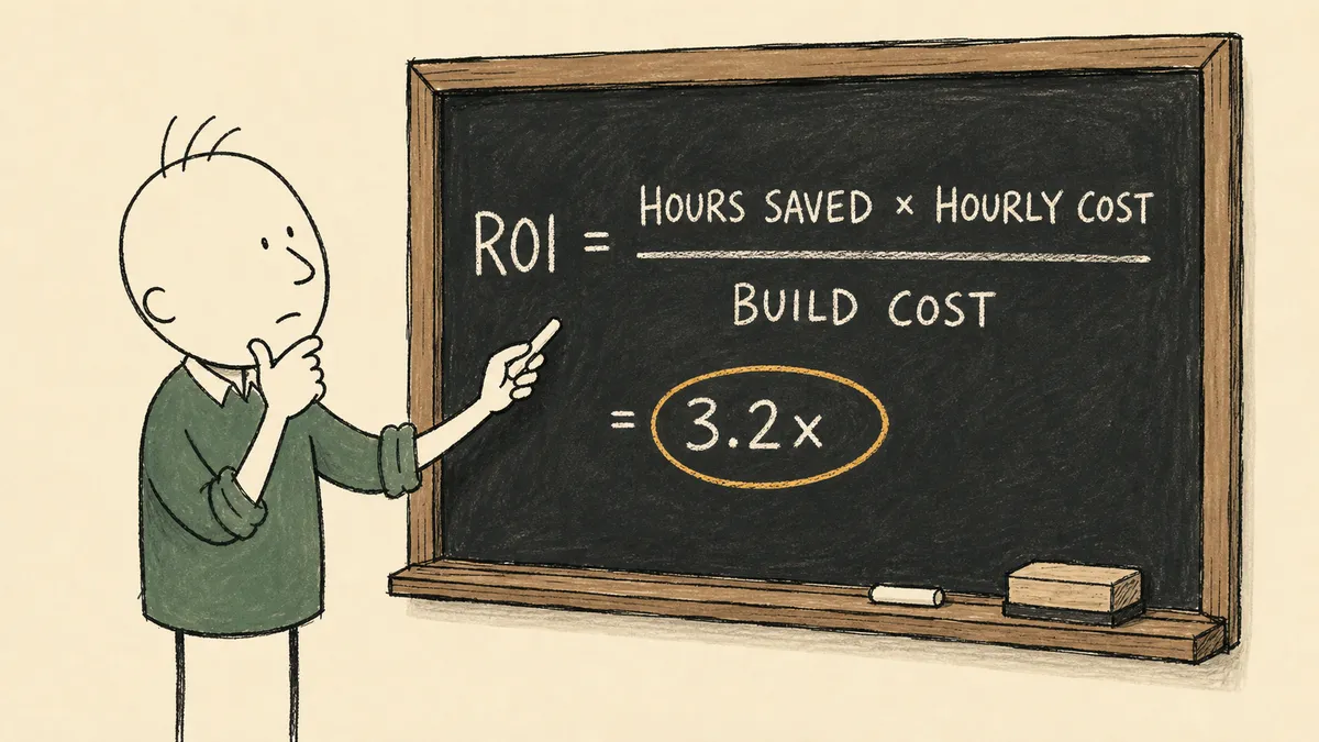 A bald cartoon man at a chalkboard with chalk in hand, an ROI equation written out and one result line circled in amber, weighing whether the math justifies automating the work.