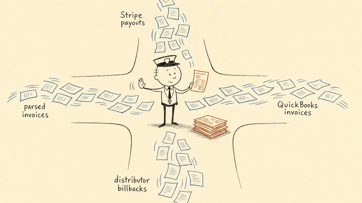 A bald cartoon cartoon strawman in a traffic-cop hat at a four-way intersection of paper documents, waving the matching items through in dusty blue and pulling the mismatched items aside in warm rust to inspect one in his hand.