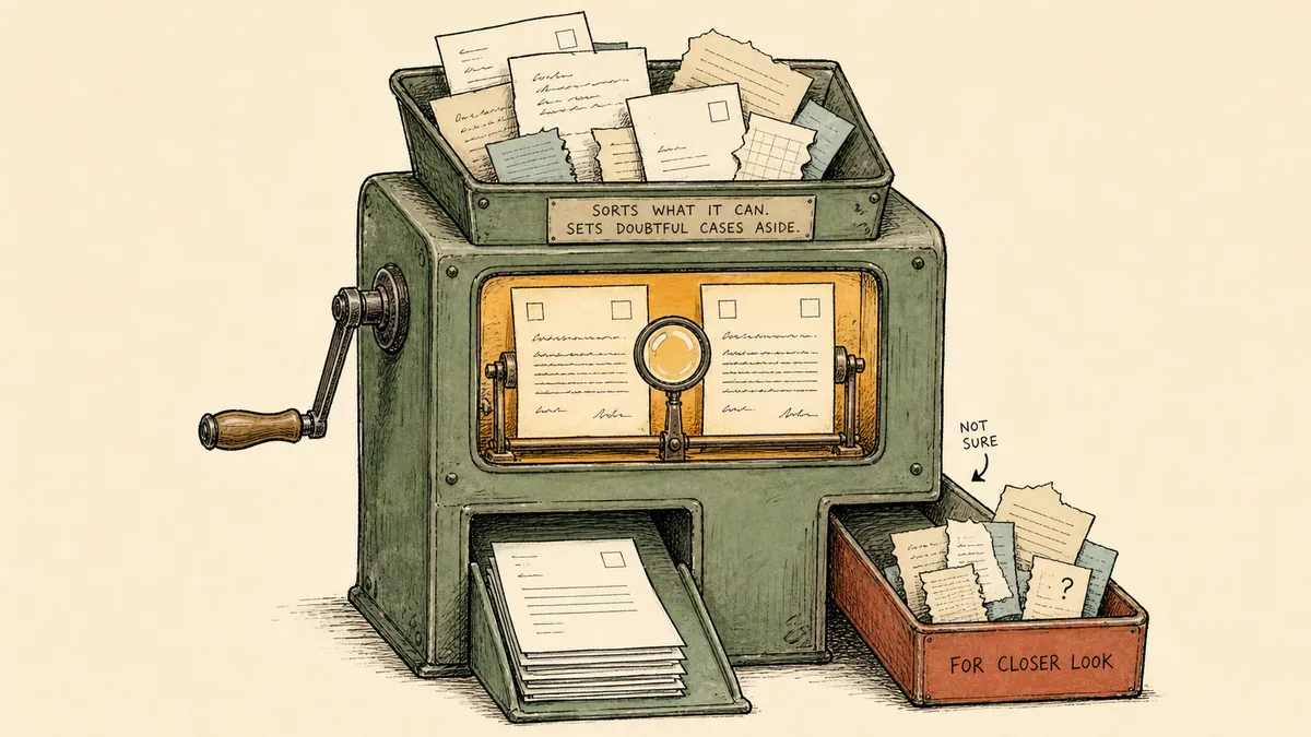 A forest-green hand-cranked sorting machine feeding mixed paper records, with an amber inspection window holding two near-identical pages under a magnifier while clean sheets stack below in teal and doubtful pages go to a rust side tray.