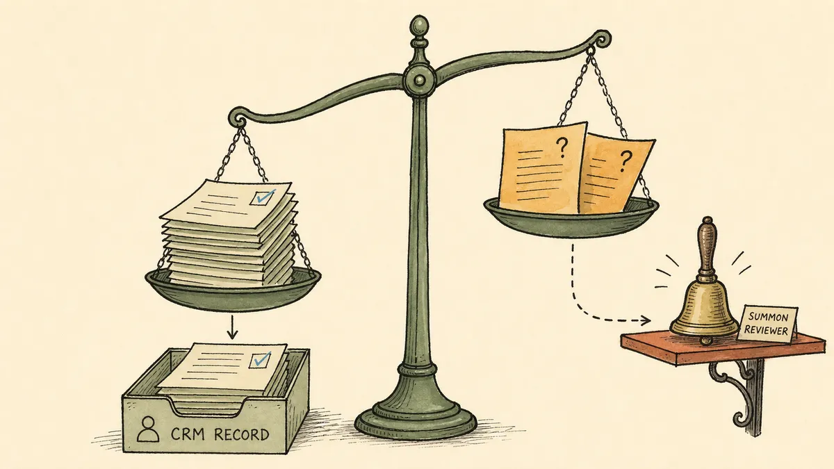 An editorial cartoon of forest-green weighing scales dropping check-marked olive document pages into a CRM in-tray while two doubtful amber pages are tipped onto a rust side shelf with a hand-bell to summon a reviewer.