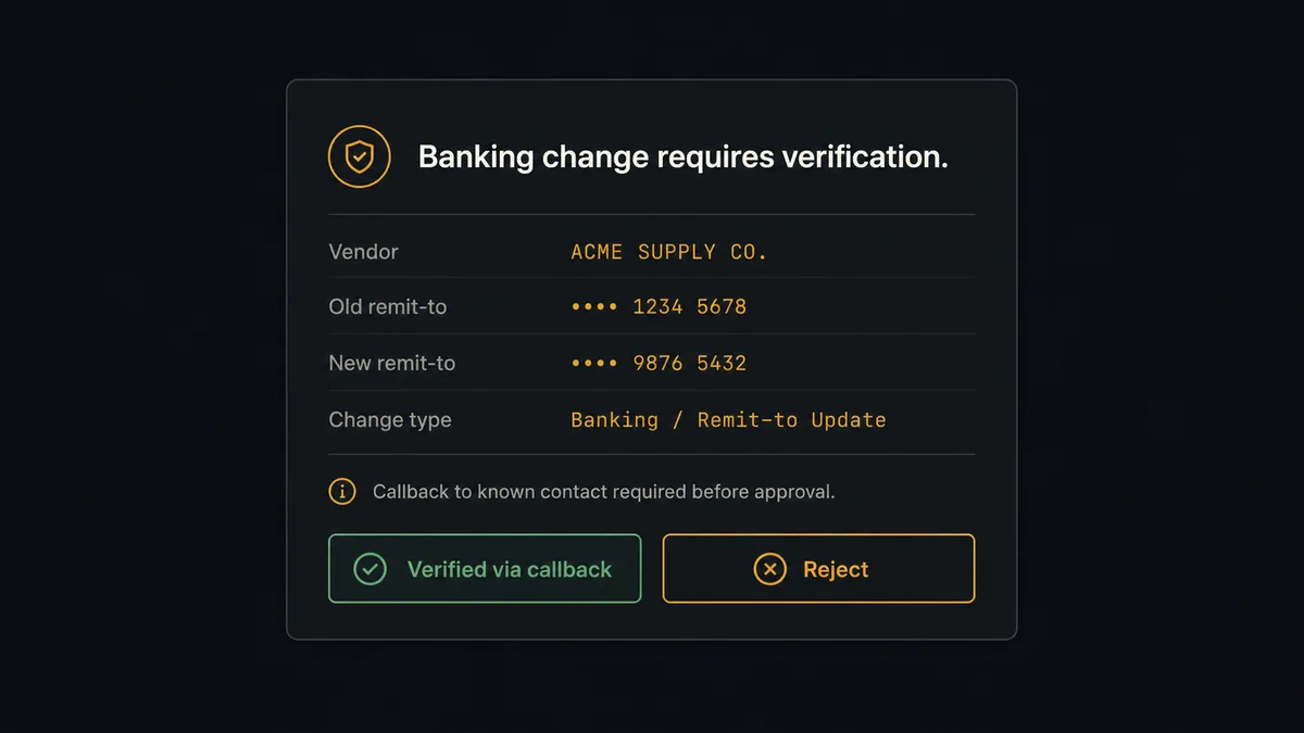 a Slack-style approval card titled "Banking change requires verification