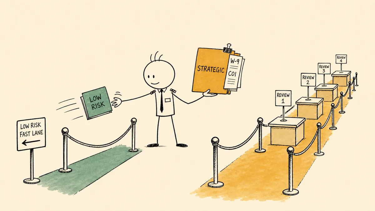 A bald cartoon gatekeeper waving a LOW RISK supplier folder through a short sage-green lane while holding a thicker STRATEGIC folder at the entrance of a longer amber review lane, illustrating risk-tiered supplier onboarding.