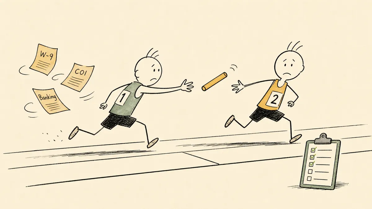 Two bald cartoon runners mid-relay-handoff with the baton suspended between their hands and supplier documents (W-9, COI, Banking) drifting behind them, illustrating where supplier onboarding actually breaks: at the handoff.
