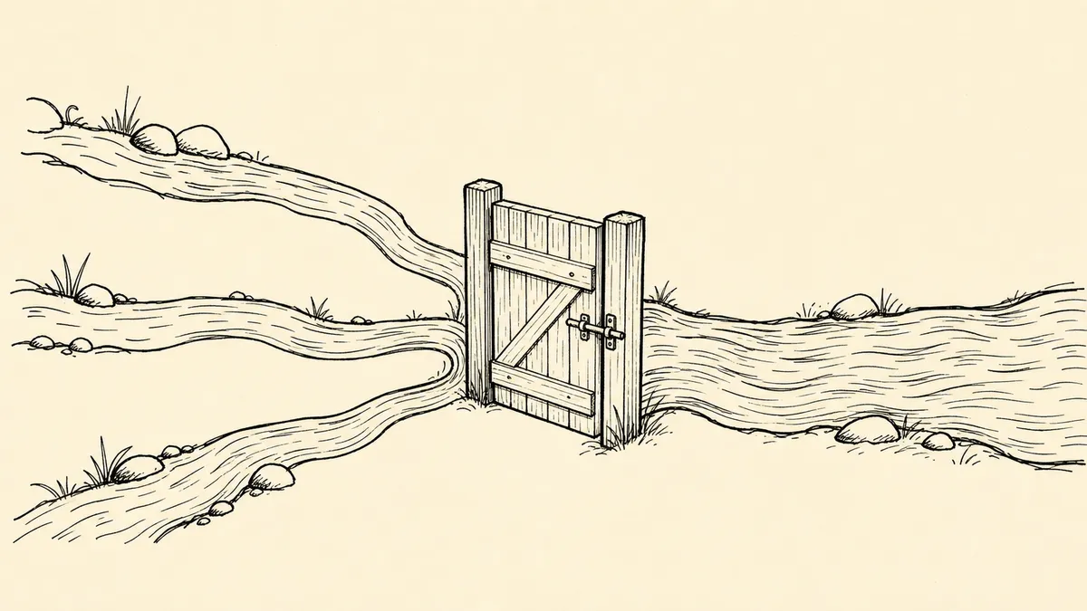 A hand-drawn editorial cartoon of three small streams meeting at a closed wooden gate in the center, with a single thicker stream continuing past the gate to the right.