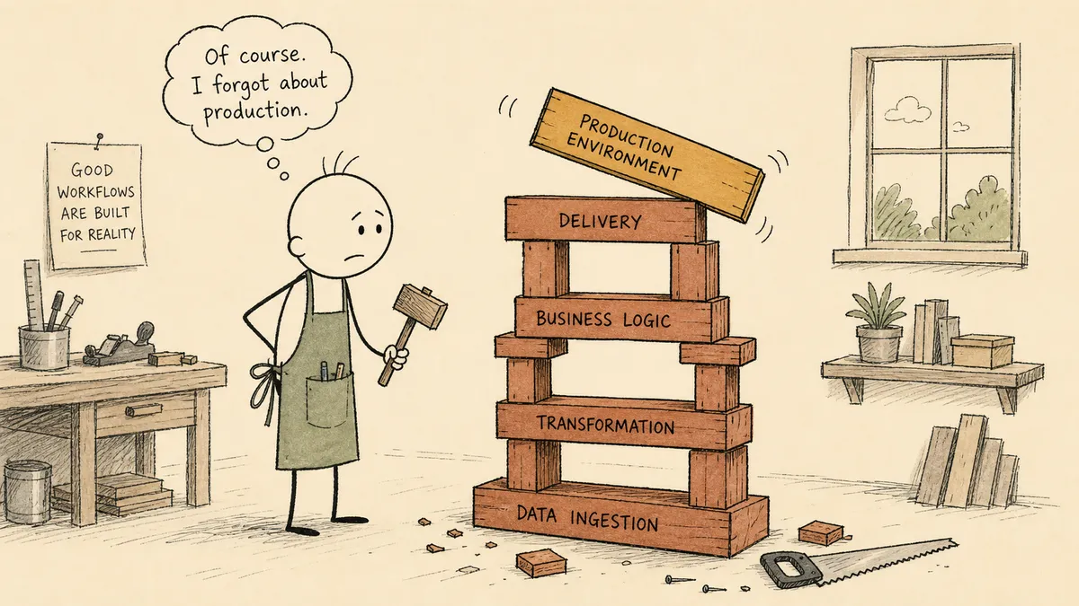A bald cartoon carpenter with a hammer standing in his workshop, looking at a half-built terracotta tower with one amber beam leaning at the wrong angle, the moment the build met production.