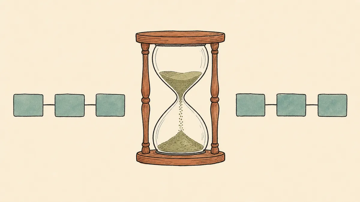 An hourglass with rust-colored frame and olive sand falling mid-flow between two halves of a teal workflow sequence, the designed pause that the wait block places into the run.