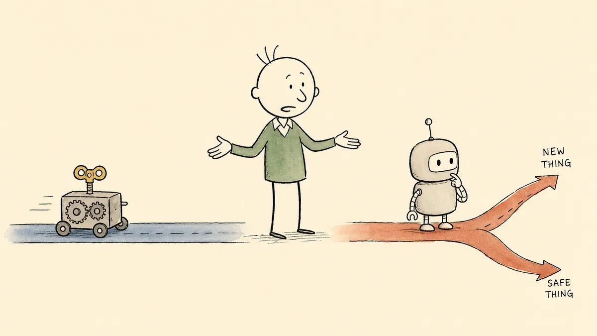 A bald cartoon man gesturing between two small mechanical creatures: a dusty blue wind-up toy on a fixed track on his left and a warm rust autonomous robot choosing between paths on his right, drawing the distinction between automation and agent.