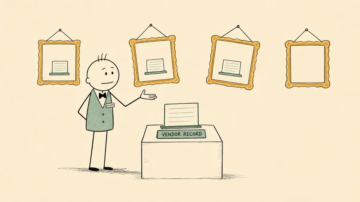 Cartoon museum docent beside a single pedestal holding one VENDOR RECORD card, with four frames on the wall behind meant to hold matching copies, two crooked and one empty, illustrating one record that must stay identical across many systems.