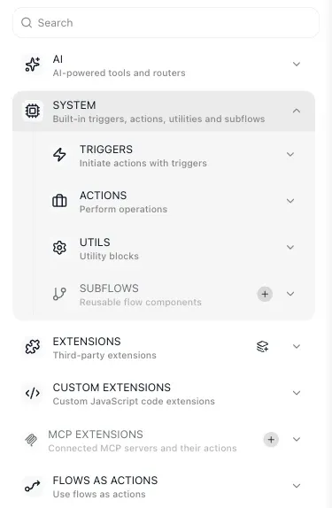 The FlowRunner block list: a search box above the AI group, then System opened to show Triggers, Actions, Utils and Subflows, then Extensions, Custom Extensions, MCP Extensions and Flows as Actions, each with a one-line description.