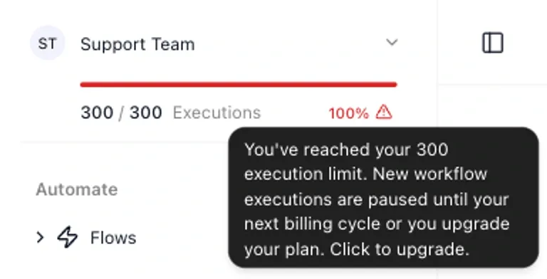 The FlowRunner executions counter at 300 / 300 Executions: a full red bar, 100% in red with a red warning icon beside it, and the icon's tooltip reading You've reached your 300 execution limit. New workflow executions are paused until your next billing cycle or you upgrade your plan. Click to upgrade.