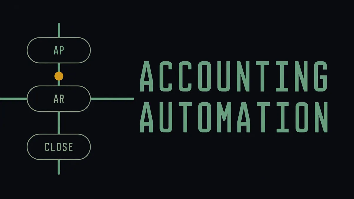 Bold concept hero: three stacked pills labeled AP, AR, CLOSE joined by a single sage green connector line interrupted by one amber alert dot, beside large mono-caps text reading ACCOUNTING AUTOMATION.