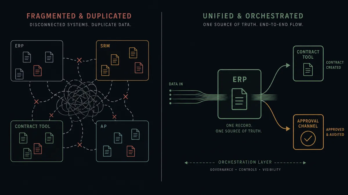 Diagram contrasting a tangled multi-system supplier data architecture against a single ERP coordinated by an orchestration layer.
