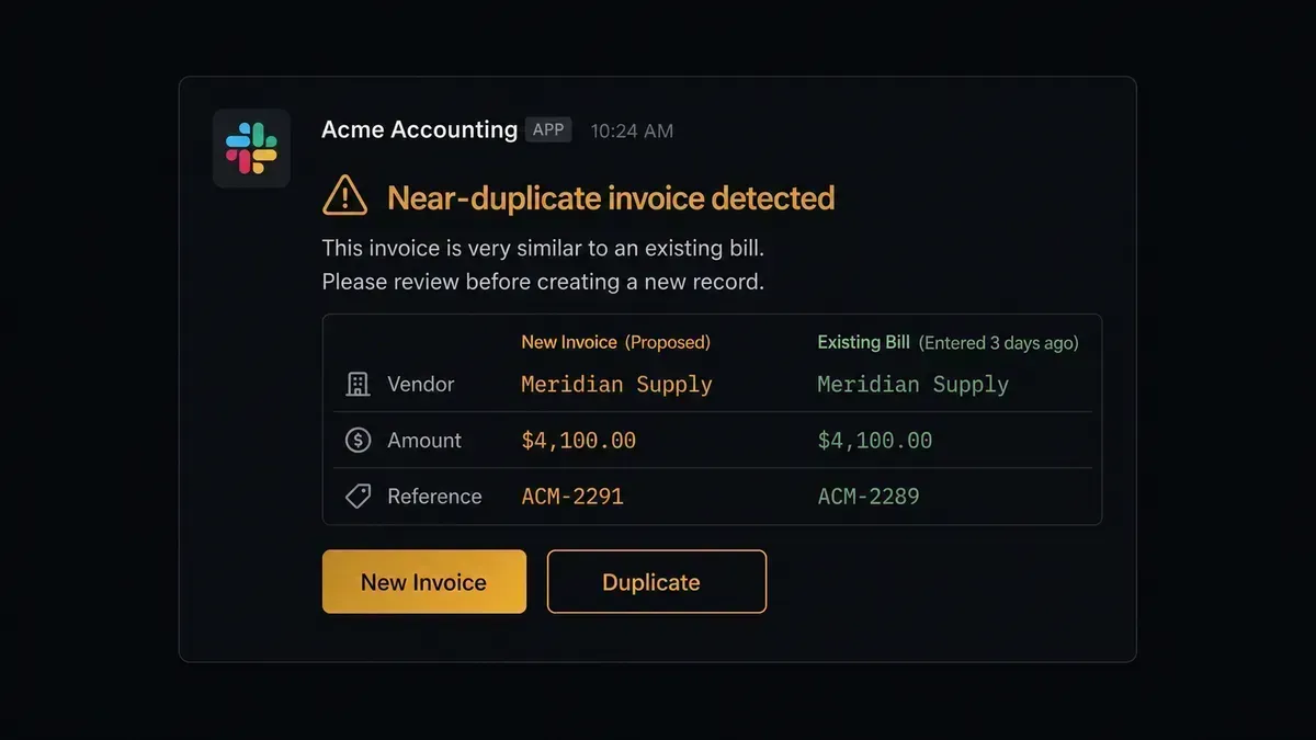 Screenshot of a Slack notification from FlowRunner showing a near-duplicate bill alert with vendor name, reference numbers, and two interactive buttons for the AP manager to decide
