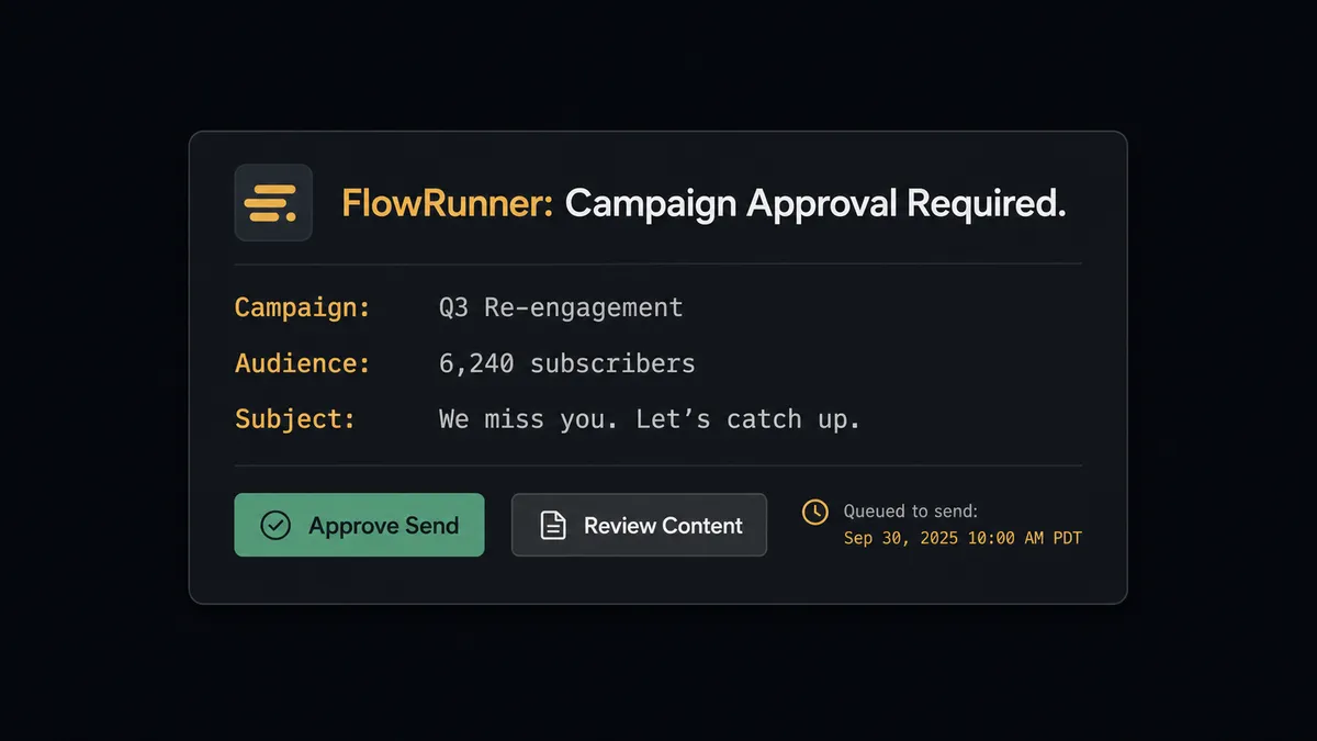 A dark approval card on a #0C0E12 background showing a Slack-style notification block