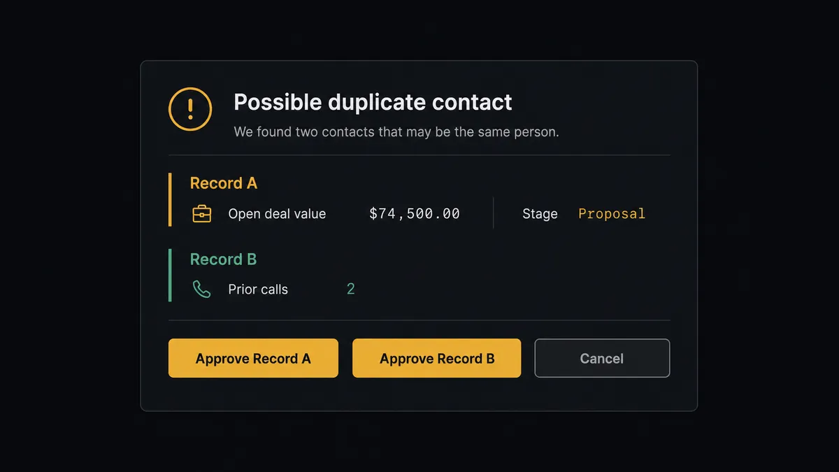 A dark Slack-style message card shows a merge-approval request titled "Possible duplicate contact